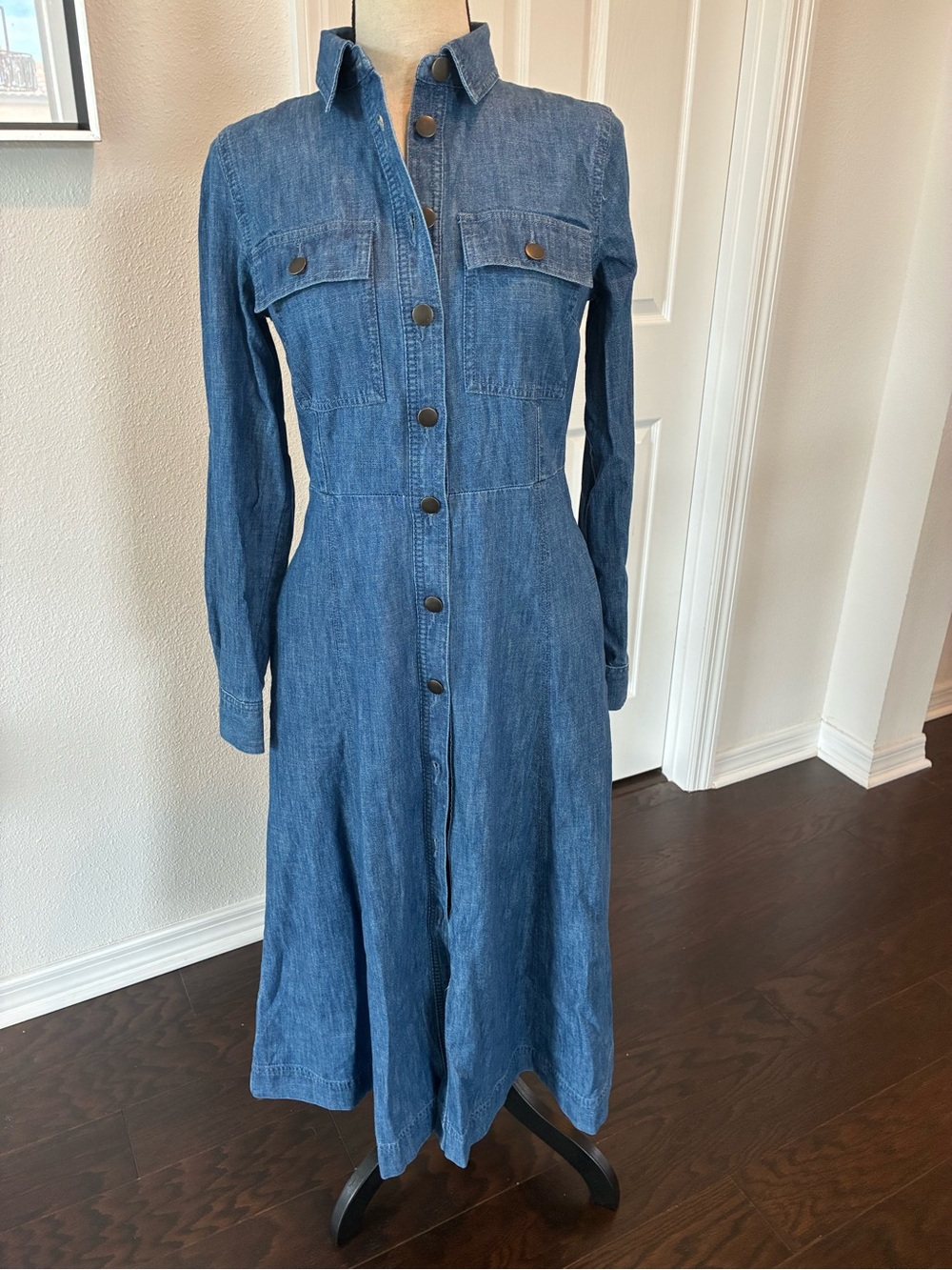 LOFT Blue Long-Sleeve Button-Front Denim Dress